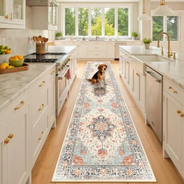 Imagem de RELEANY Tapetes de área adequados a vácuo, 6,5 x 25,4 m, lavável na máquina, antiderrapante, floral, vintage, estampa de angústia, tapete medalhão para sala de estar, quarto, tijolo, azul marinho