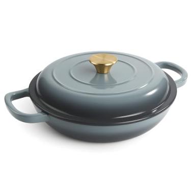 Imagem de Grelha de ferro fundido esmaltado de 3 litros, frigideira de ferro fundido esmaltado antiaderente com tampa, frigideira holandesa com tampa de até 260 °C para forno, fogão, churrasqueira, forno