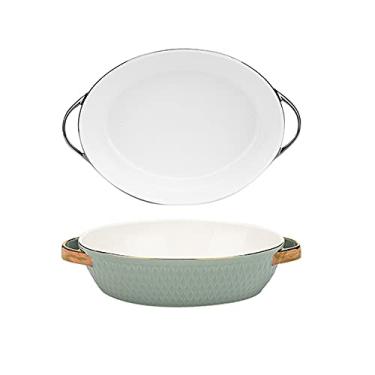Imagem de Conjunto de 2 assadeiras de cerâmica pratos de jantar redondos, assadeira segura para forno com alças prato oval, bandejas de jantar para servir comida (cor: laranja) (verde)