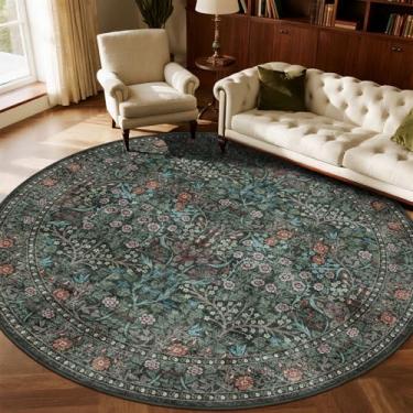 Imagem de Othilic Boho Tapete redondo 3 m - Tapete macio lavável preto verde floral para sala de estar 25 x 25 cm, resistente a manchas, círculo, sala de jantar, para debaixo da mesa, tapetes vintage para