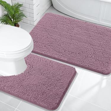 Imagem de OLANLY Conjunto de tapetes de banheiro de 2 peças, tapetes de banho de chenille macio absorvente e contorno em forma de U, tapete de banheiro lavável na máquina, acessórios de decoração de casa (91 x