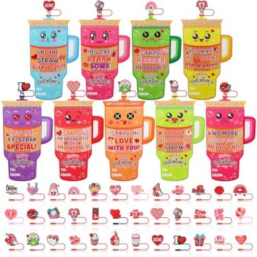 Imagem de Ovveroche Pacote com 36 cartões de dia dos namorados com tampas de palha de 10 mm compatíveis com copo Stanley Cup, cartões de dia dos namorados para crianças, escola, sala de aula, troca