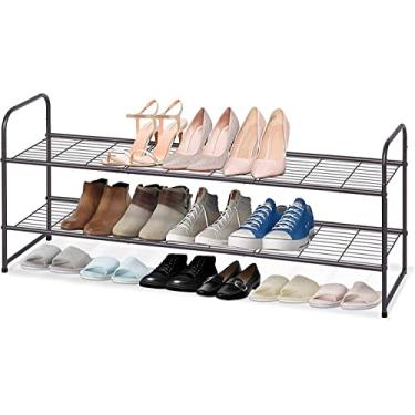 Imagem de KEETDY Sapateira longa de 2 camadas para organizador de sapatos de entrada de armário para 18 pares de tênis, prateleira de armazenamento empilhável de metal com grade de arame para quarto, chão, bronze