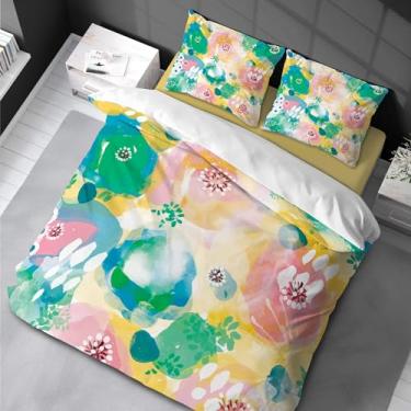 Imagem de Conjunto de capa de edredom de flores em aquarela, cores pastel, tema de natureza, decoração de 3 peças, conjunto de cama com 2 fronhas, tamanho king 155 x 220 cm -50 x 75 cm*2