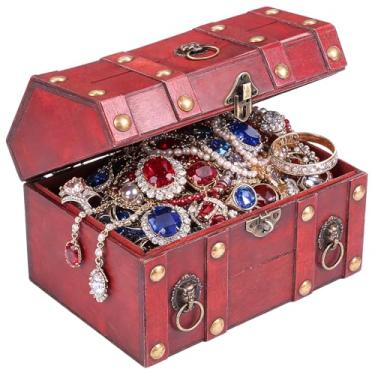 Imagem de UKQRRTC Baú de tesouro de madeira vintage com fechadura, caixa de armazenamento de joias, fechadura de metal para proteção de privacidade para aniversário, casamento, escritório, casa, decoração, 24 ×