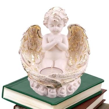 Imagem de Castiçal de anjo | Suporte de vela delicado com estátua de anjo de querubim com escultura decorativa de igreja para decoração de batismo de chá de panela