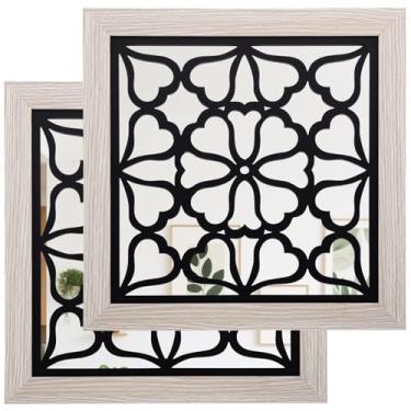 Imagem de 2 peças de espelhos de parede quadrados de madeira decorativos, decoração de espelho de parede boho, 30,5 cm x 30,5 cm, espelhos de estilo vintage inquebráveis, pequeno espelho de parede para parede