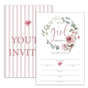 Imagem de Moonle Convites de chá de bebê para meninas, 20 convites florais para chá de bebê com envelopes, convites de festa temática boho, revelação de gênero, anúncio de bebê, lembrancinha de festa e