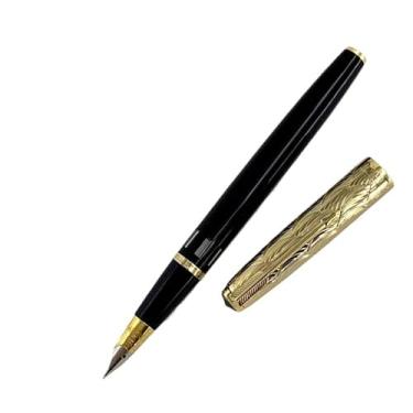 Imagem de GAFNED Caneta-tinteiro com tampa dourada e pedra azul dupla, pistão a vácuo, canetas, presente, artigos de papelaria, material de escritório escolar (preta, tampa de grade)