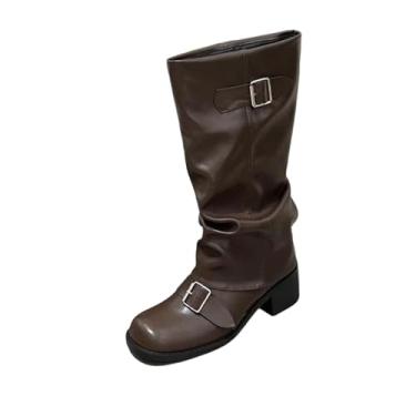 Imagem de Botas de cano alto femininas casuais estilo inverno bico redondo com fivela de cinto e design de salto baixo grosso, Marrom, 36