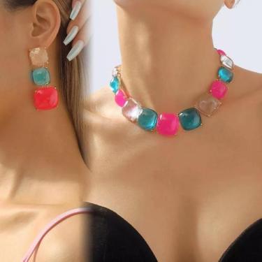 Imagem de N-L0362-Conjunto Feminino Colar e Brinco Colorido Quadrado Resina Fest
