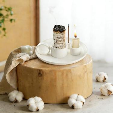 Imagem de Incenso de cerâmica multifuncional 4 em 1 e suporte de vela com bandeja coletora de cinzas de 15 cm - para queimar sálvia branca, palitos de Palo Santo, decoração de casa de sala de meditação (branco)