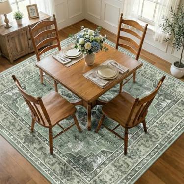 Imagem de RELEANY Tapetes quadrados de 2,1 m, lavável, antiderrapante, floral, vintage, estampado, medalhão, tapete para sala de estar, quarto, sala de jantar, verde-escuro, cinza