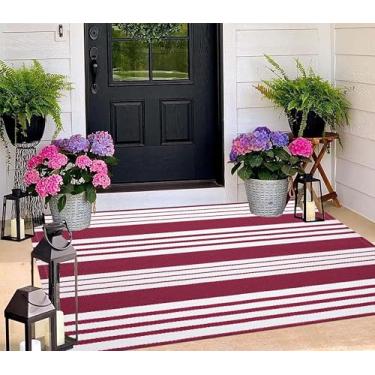 Imagem de BUAGETUP Tapete vermelho e branco para uso externo, 9,5 x 1,5 m de algodão, lavável, listrado, frontal/externo, tapete de chão para casa de fazenda/tapetes de porta em camadas/sala de estar