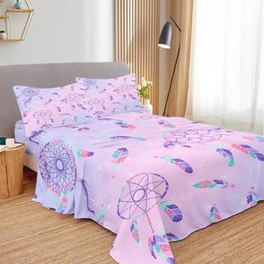 Imagem de SNcek Jogo de lençol infantil Dreamcatcher, solteiro, 4 peças, rosa, roxo, microfibra com bolso profundo