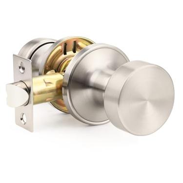 Imagem de Orger 1 maçanetas internas de níquel acetinado, maçaneta de porta de passagem reversível sem trava, maçaneta redonda sem chave para corredor e armário