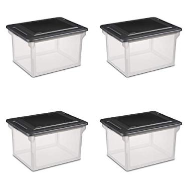 Imagem de Sterilite Caixa de arquivos, caixa de armazenamento empilhável com tampa, recipiente de plástico para organizar impostos, papéis em casa, escritório, base transparente com tampa preta, pacote com 4