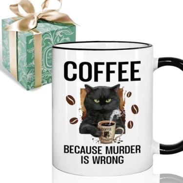 Imagem de Puouoonyi Caneca de café engraçada humor adulto presentes para amigos, caneca engraçada de presente de gato preto de aniversário para colegas de trabalho Boss Him Her Women Men, Coffee Because Murder