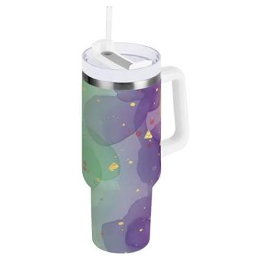 Imagem de Blueangle Copo abstrato de 1,134 g Mardi Gras isolado em aquarela com alça e tampa de palha, caneca de viagem reutilizável de aço inoxidável (497)