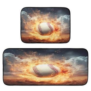 Imagem de xigua Conjunto de 2 peças de tapetes e tapetes de cozinha de beisebol de fogo no gelo, macio, absorvente para chão, tapete de cozinha, antiderrapante, conjunto de capachos, 50 x 120 cm + 50 x 70 cm
