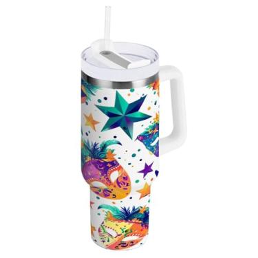 Imagem de Blueangle Copo isolado com padrão de máscaras de carnaval de 1,134 g com alça e tampa de palha, caneca de viagem reutilizável de aço inoxidável (44)