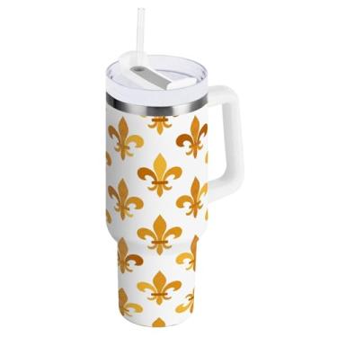 Imagem de Blueangle Copo isolado padrão Mardi Gras de 1,134 g com alça e tampa de palha, caneca de viagem reutilizável de aço inoxidável (782)