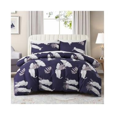 Imagem de x3anggyt5 Conjunto de capa de edredom de folhas botânicas tropicais, reversível, vintage, azul e branco, conjunto de cama (solteiro na UE (135 x 200 cm))