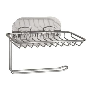 Imagem de Suporte de papel higiênico para armazenamento de chuveiro, suporte de rolo higiênico de aço inoxidável com prateleira de malha para armazenamento, armazenamento de papel higiênico autoadesivo de