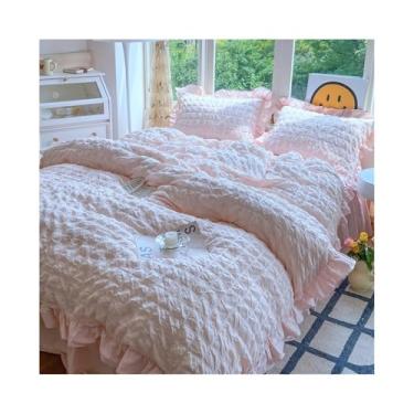 Imagem de Conjunto de cama 3/4 peças Boho Chic Ruffled Seersucker capa de edredom macio e leve fronhas com saia (rosa, casal 180 x 220 cm, 4 peças)