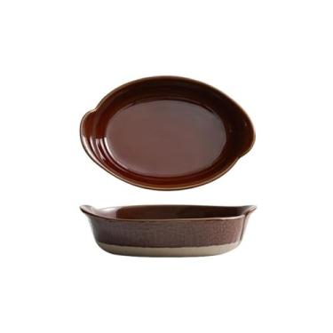 Imagem de Assadeira 500 ml Cerâmica Dupla Orelha Japonesa Retro Queijo Assado Prato de Arroz Criativo Tigela de Salada Doméstica Utensílios de Cerâmica Grossa Caçarola para Forno (Branco)