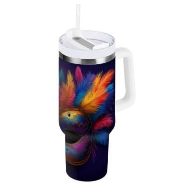 Imagem de Blueangle Copo isolado de máscara colorida de carnaval de 850 g com alça e tampa de palha, caneca de viagem reutilizável de aço inoxidável (198)