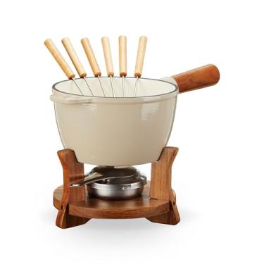 Imagem de Twine Farmhouse Kitchen Conjunto de ferro fundido esmaltado para queijo para derreter fondue pote de metal de aço inoxidável garfos e suporte de madeira, bege conjunto de 1