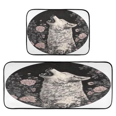 Imagem de xigua Conjunto de 2 peças de tapetes e tapetes de cozinha de lobo branco uivando tapetes de cozinha macios absorventes para chão tapete de cozinha antiderrapante, conjunto de capacho de cozinha 50 x