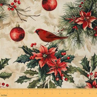 Imagem de Tecido de flores vermelhas de Natal da The Yard Cute Northern Cardinal Birds Tecido animal para amantes de costura aquarela folhas verdes tecido estilo rústico para decoração de quarto e estofamento