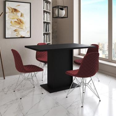 Imagem de Mesa Jantar Londres Tampo Preto 120Cm 4 Cadeiras Ferro Branco Estofado Vermelho