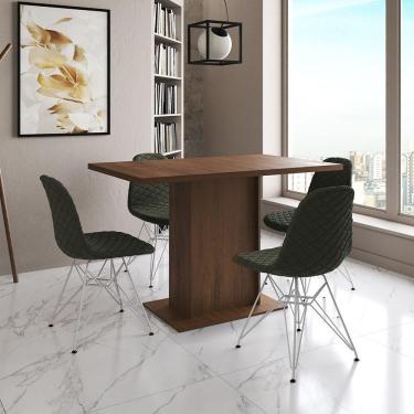 Imagem de Mesa Jantar Londres Tampo Amêndoa 120Cm 4 Cadeiras Ferro Branco Estofado Verde