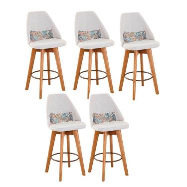 Imagem de Kit 05 Banquetas Alta Maya Giratória Com Encosto Gourmet Linho Bege e Almofada Folhas - Aurora Line