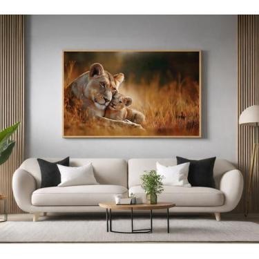 Imagem de Quadros Decorativos com Moldura Leoa e Filhote Savana para Sala Quarto