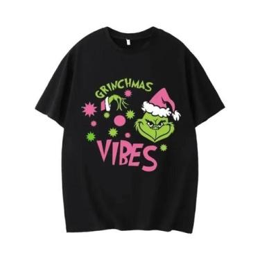 Imagem de Camiseta Feminina Casual De Natal Grinch Com Estampa De Rena E Boneco 