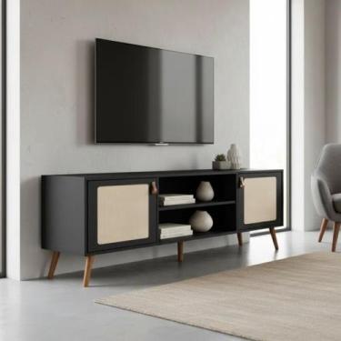 Imagem de Rack Para TV Com Pés De Madeira Tela Natural e Couro 160cm - Merk Move