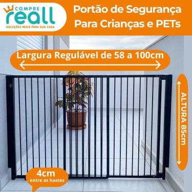 Imagem de Portão de segurança Crianças e PET Altura 85cm x Largura 58 a 100cm Alumínio Preto