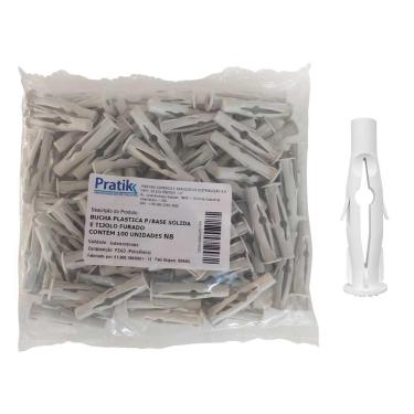 Imagem de Bucha Plástica Fixação Pratik Base Sólida para Tijolo Furado N8 Branco - Embalagem com 100 Unidades