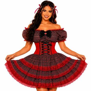 Imagem de Vestido Feminino de Festa Junina Luxo Xadrez Super Rodado Acinturado C