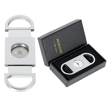 Imagem de Cortador de charutos HUACAYO, tampa traseira semicircular em aço inoxidável escovado guilhotina lâmina de corte duplo embalagem para presente