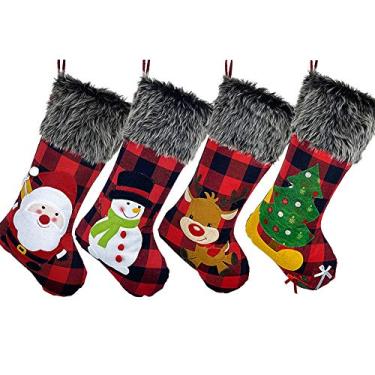 Imagem de Conjunto de meias de Natal, boneco de neve, rena, árvore de Natal, lareira, meias grandes para decoração de festa em família