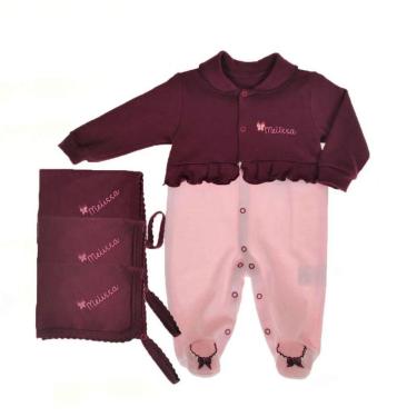 Imagem de Kit 3 panos de boca + macacão longo rosa e marsala personalizado