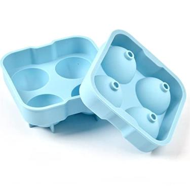 Imagem de Bandeja de cubo de gelo uísque cubo de gelo fazendo molde molde de esfera molde de silicone molde de hóquei no gelo bandeja de gelo redonda bandeja de gelo cor ferramenta de barra de cozinha 4 moldes de cubo de gelo de grade (cor: azul)