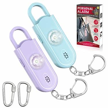 Imagem de Alarme pessoal de som seguro, pacote com 2 chaveiros de alarme de segurança de emergência com luz LED SOS estroboscópica, sirene de segurança de som pessoal para mulheres, homens, crianças, idosos (azul/roxo)