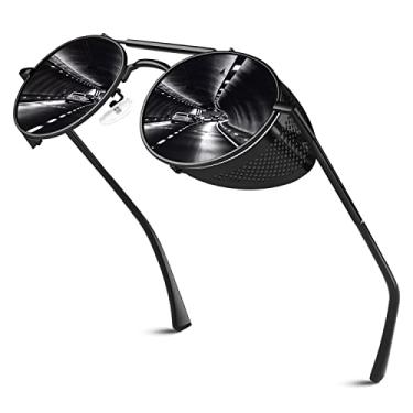 Imagem de Óculos de sol retrô redondos polarizados Steampunk masculino feminino óculos de proteção lateral gótico S92-ADVANCED POLARIZED, Armação preta, lente polarizada preta, Medium