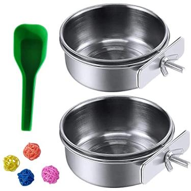 Imagem de kathson Copos de prato de alimentação de papagaio, tigela de água de comida de pássaro de aço inoxidável alimentador de periquito pássaros gaiola bola brinquedos com suporte de grampo para periquitos de ararara calopsita chinchila de animais pequenos (7 peças)
